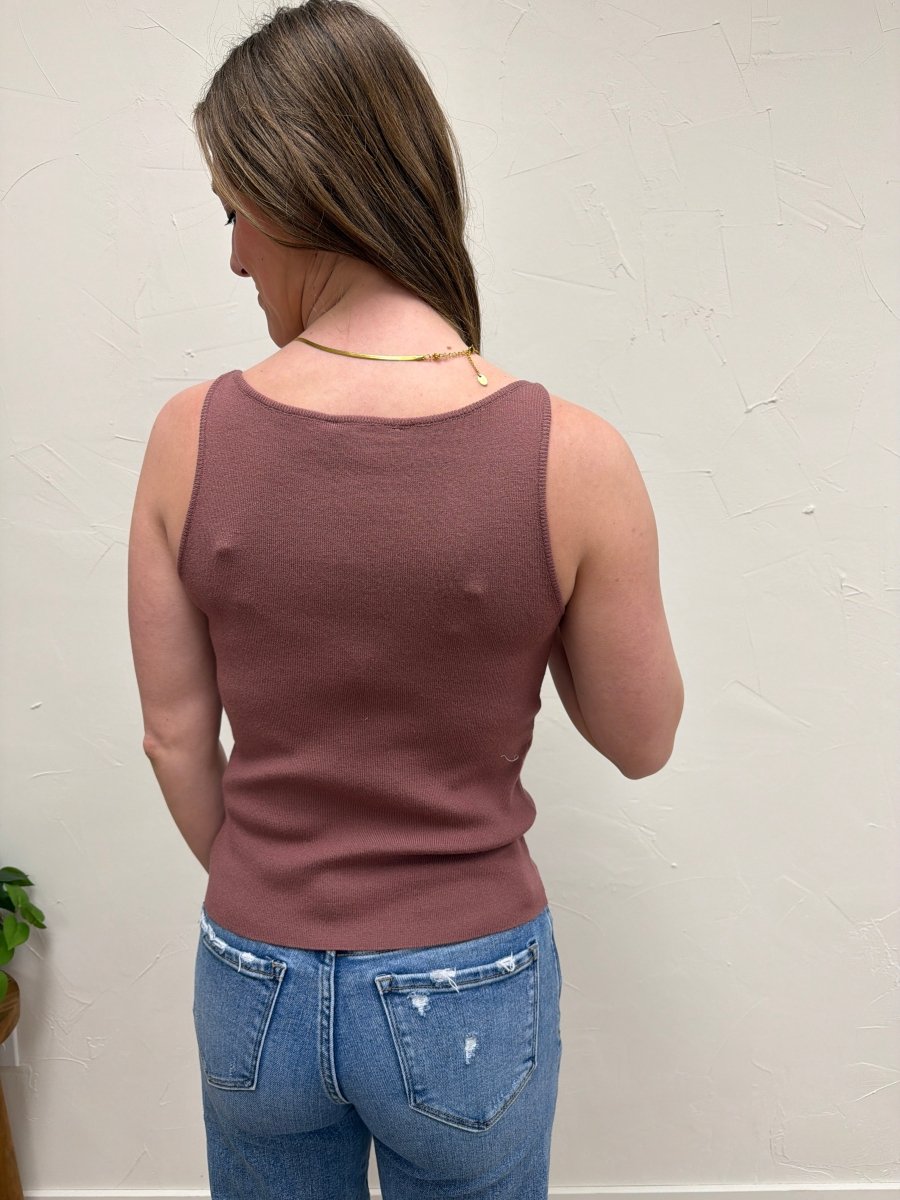 Back view of model wearing Boat Neck Sweater Tank highlighting the simple and clean silhouette — Three:Twelve Boutique