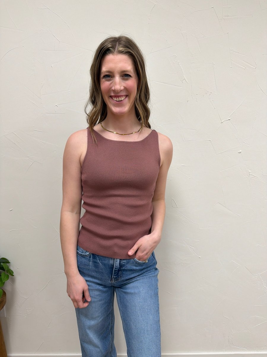 Lifestyle shot of model wearing Boat Neck Sweater Tank styled with casual outfit — Three:Twelve Boutique
