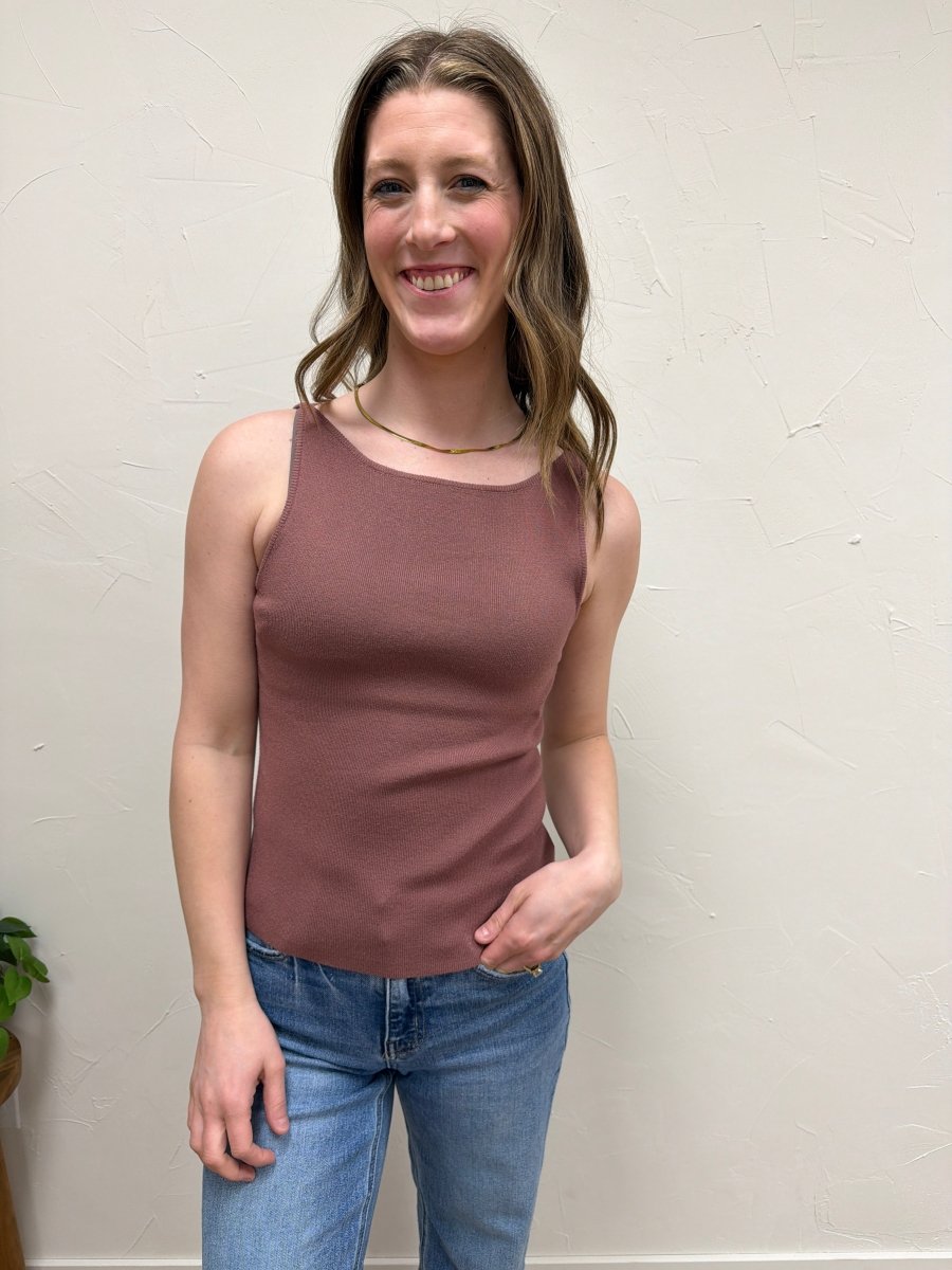 Lifestyle shot of model wearing Boat Neck Sweater Tank styled with casual outfit — Three:Twelve Boutique