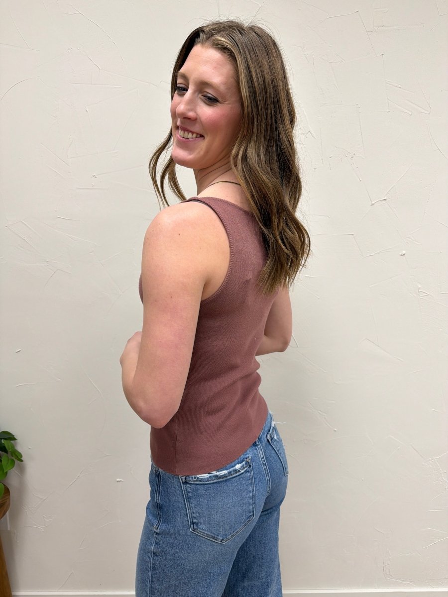 Side angle view of Boat Neck Sweater Tank showing boat neckline and relaxed fit — Three:Twelve Boutique