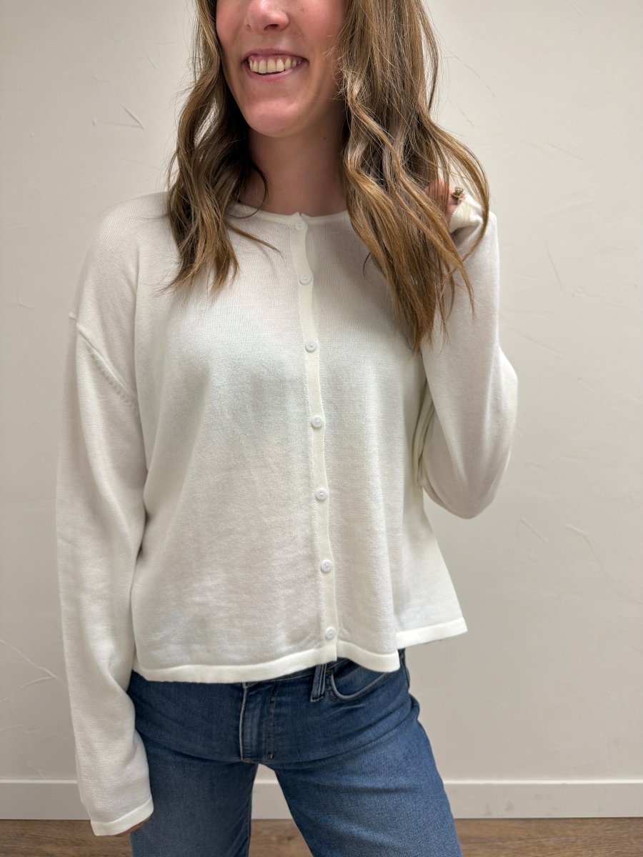 Front view of model wearing Button Up Lightweight Sweater Cardigan — Three Boutique