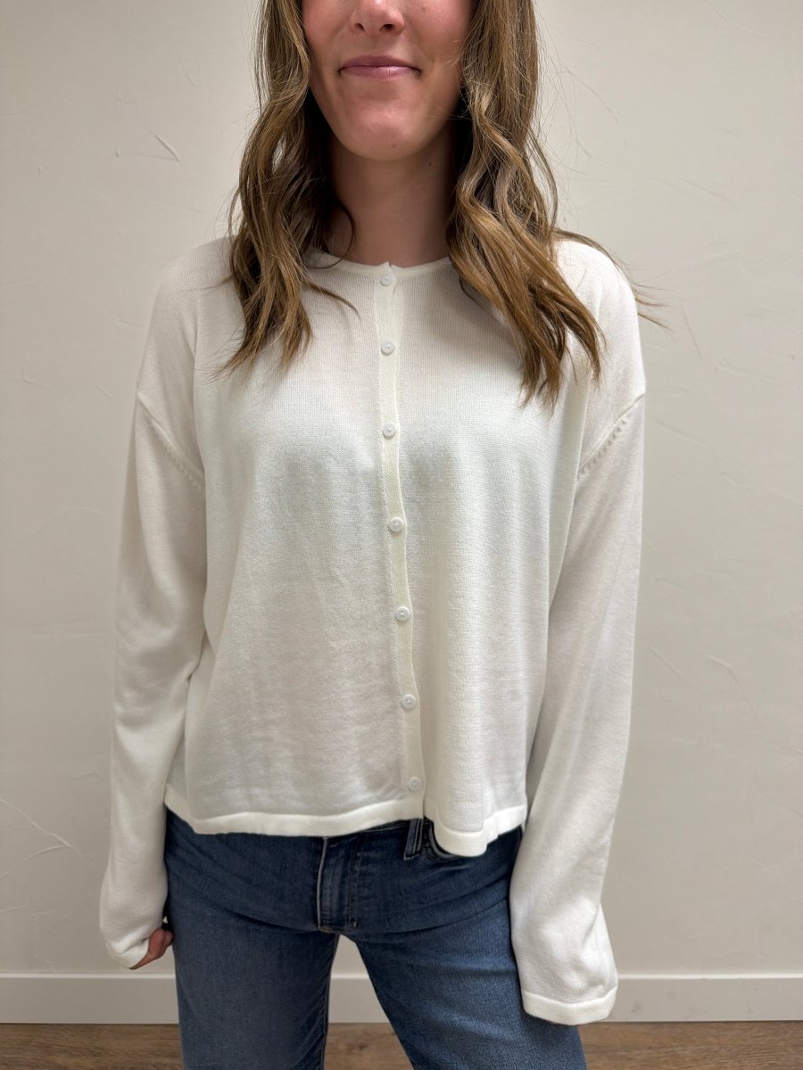 Front view of model wearing Button Up Lightweight Sweater Cardigan — Three Boutique