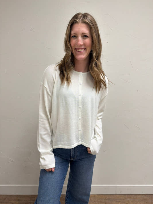 Front view of model wearing Button Up Lightweight Sweater Cardigan — Three Boutique