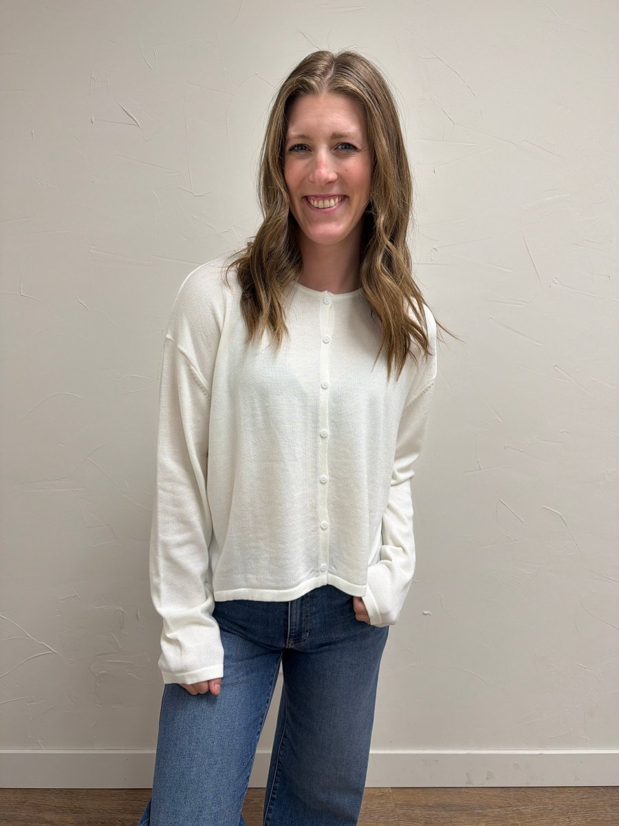 Front view of model wearing Button Up Lightweight Sweater Cardigan — Three Boutique