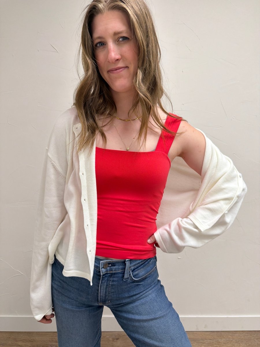Lifestyle image featuring Button Up Lightweight Sweater Cardigan — Three Boutique