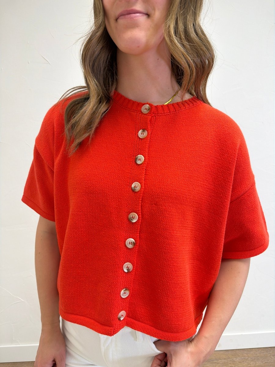 Close-up front view of model wearing Button Up Sweater Knit Top showcasing sweater knit texture and button details