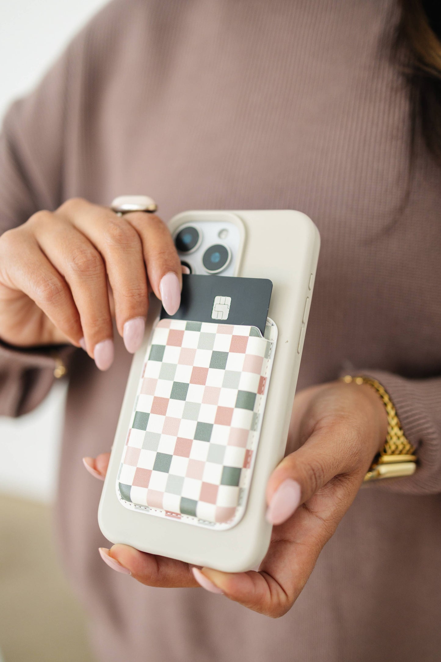 Magnet Phone Wallet, Magnetic card cash wallet: #11 Tan Checker