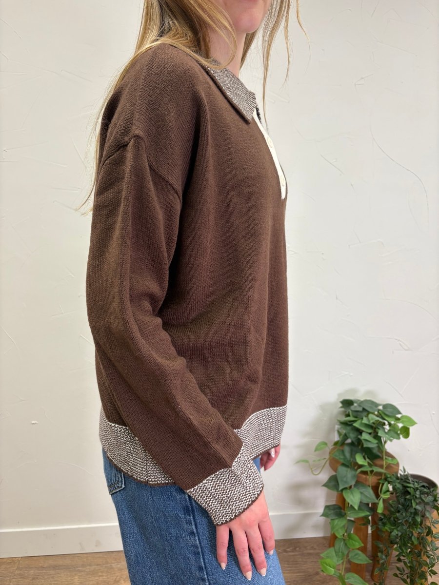 Cabin Pinstripe Henley Polo Sweater Top - Three:Twelve Boutique - In February