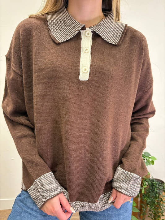 Cabin Pinstripe Henley Polo Sweater Top - Three:Twelve Boutique - In February