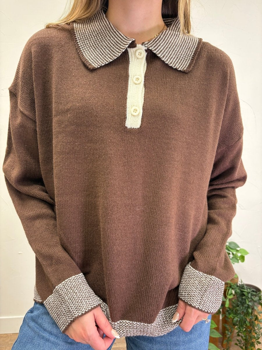 Cabin Pinstripe Henley Polo Sweater Top - Three:Twelve Boutique - In February