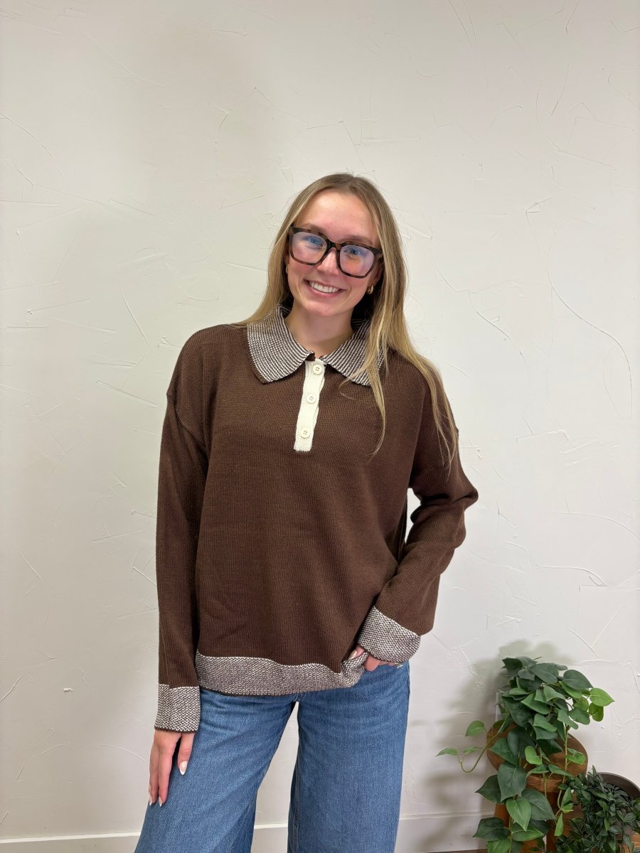 Cabin Pinstripe Henley Polo Sweater Top - Three:Twelve Boutique - In February