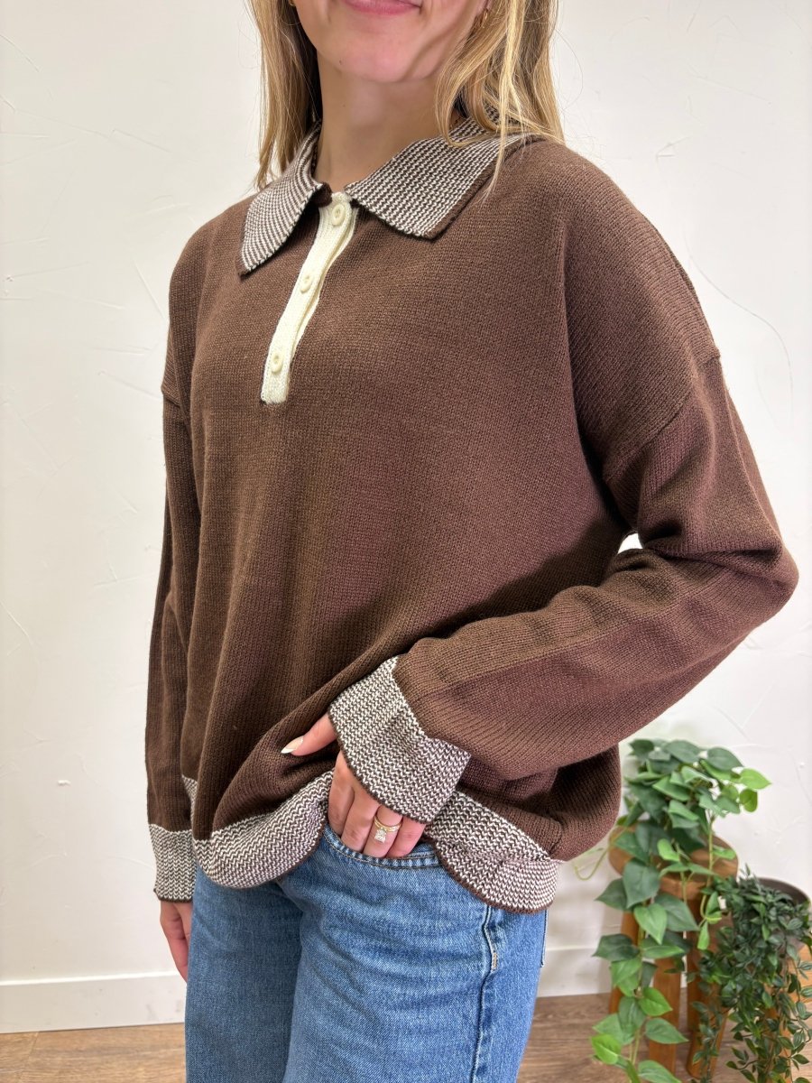 Cabin Pinstripe Henley Polo Sweater Top - Three:Twelve Boutique - In February