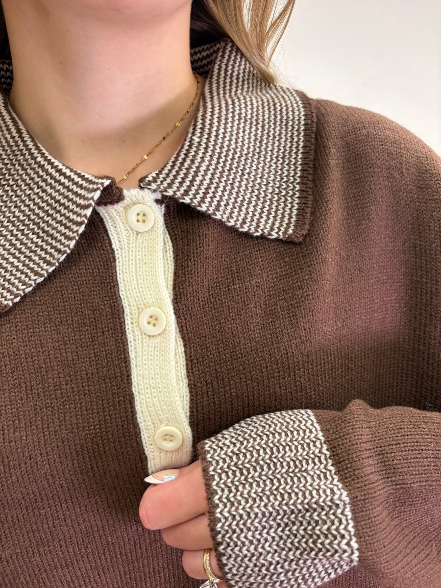 Cabin Pinstripe Henley Polo Sweater Top - Three:Twelve Boutique - In February