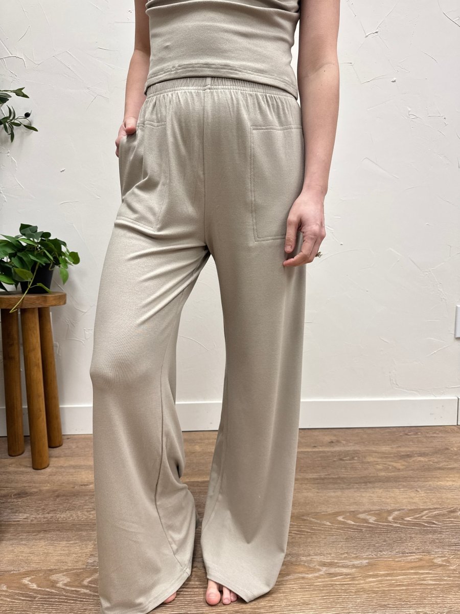 Close up of fabric and texture of taupe casual wide leg pants — Three:Twelve Boutique