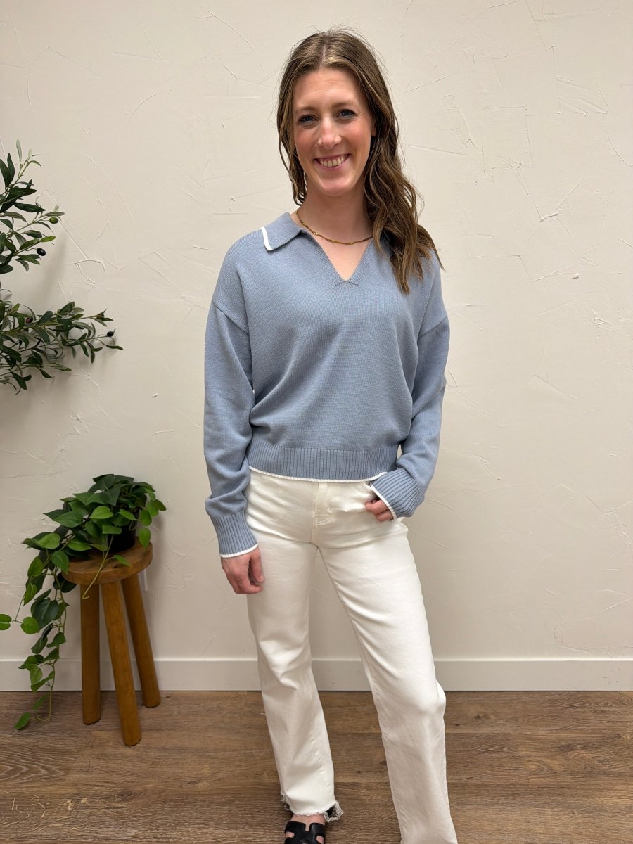 Lifestyle shot of model wearing Cathy Sweater with casual outfit — Three:Twelve Boutique