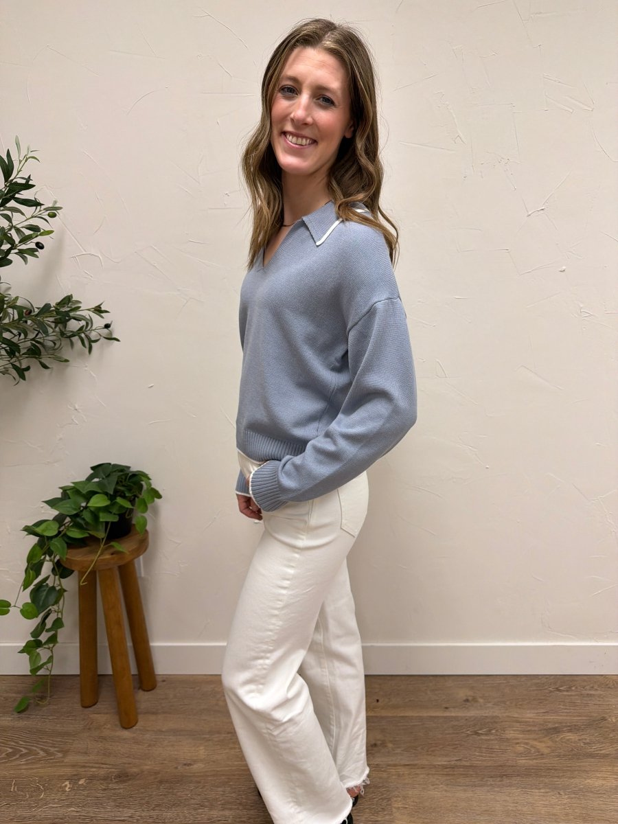 Side view of Cathy Sweater showing relaxed fit and sleeve length — Three:Twelve Boutique