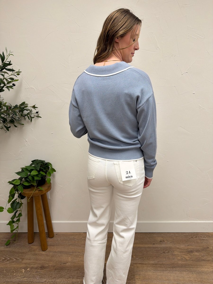 Back view of model showing fit and drape of Cathy Sweater — Three:Twelve Boutique