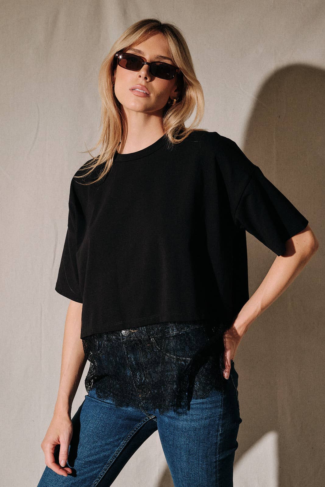 Oversized Lace Hem Short Sleeve Top