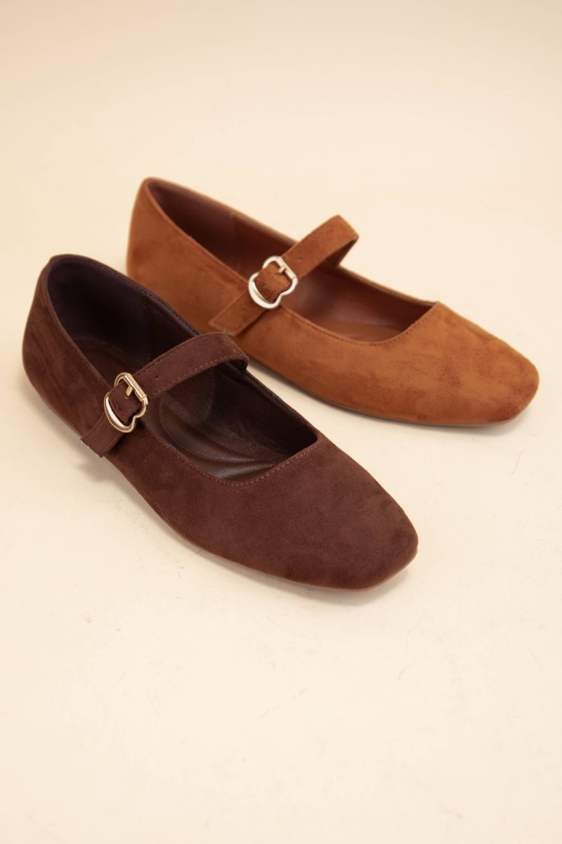 CHARLOTTE - 10 BUCKLED STRAP SOFT SQUARE TOE MARY JANE FLATS: BROWN SUEDE / C12 - Three:Twelve Boutique - CCOCCI