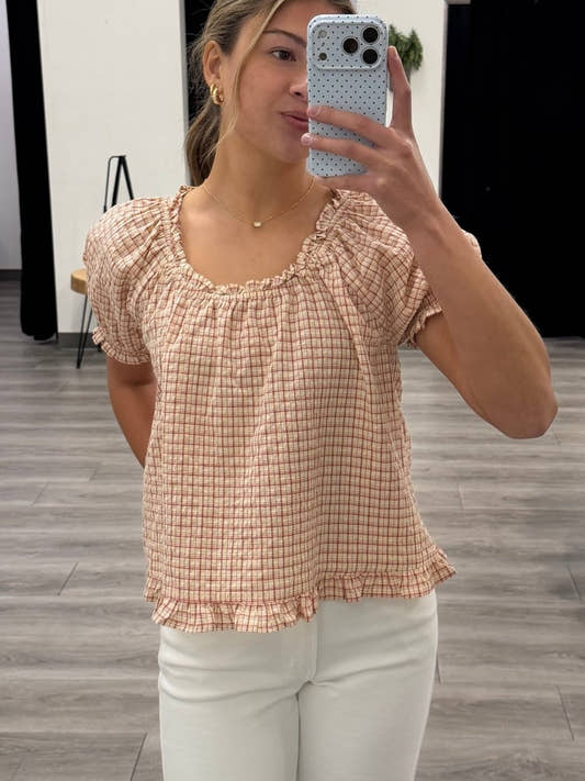 Checkered Puff Sleeve Top - Three:Twelve Boutique - Things Between