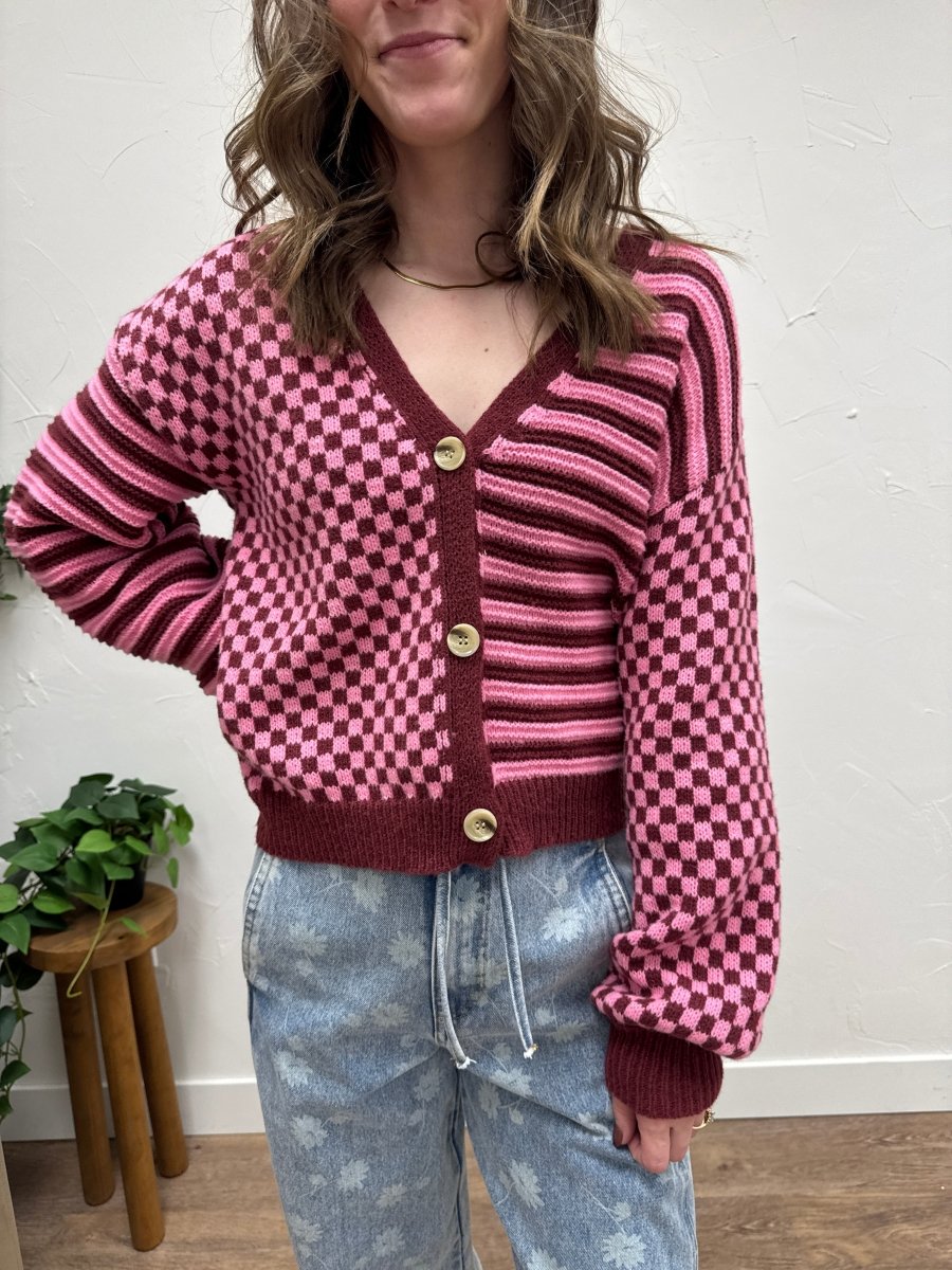 Close up of fabric texture and mixed checkered stripe detail – Three:Twelve Boutique