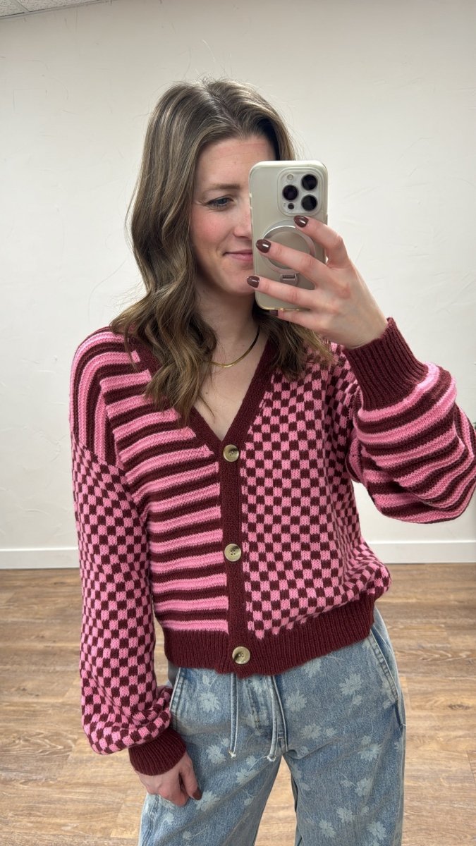Close up of fabric texture and mixed checkered stripe detail – Three:Twelve Boutique