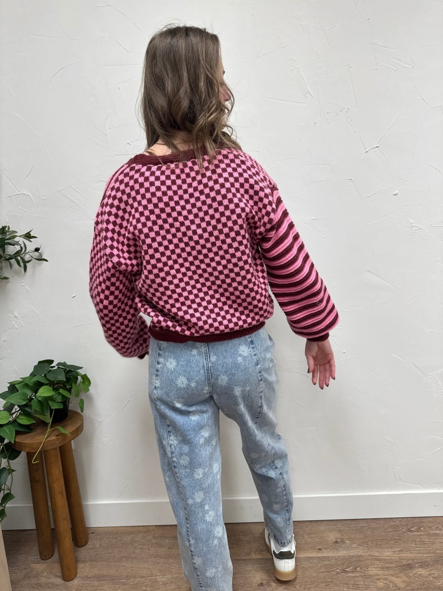 Back view of checkered striped cardigan showing full pattern design – Three:Twelve Boutique