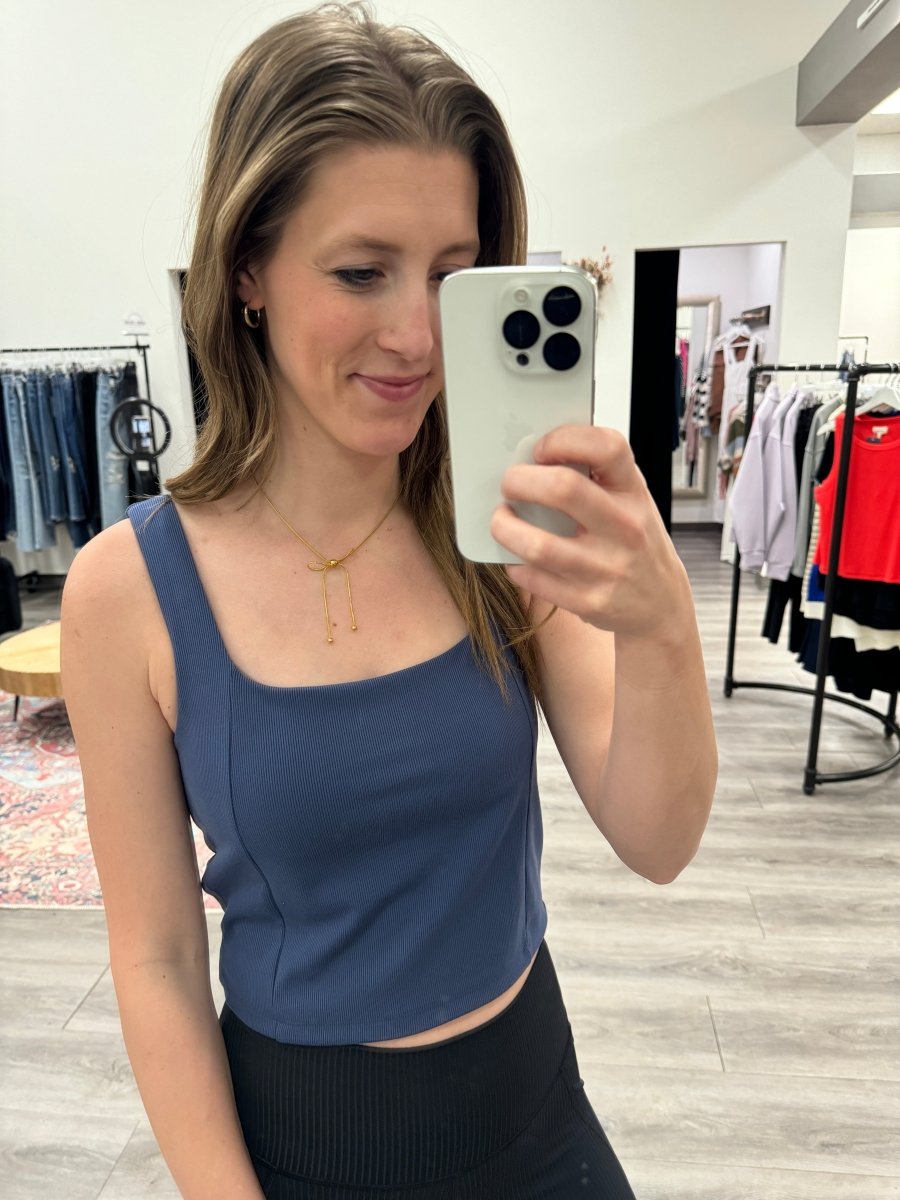 Close up of ribbed fabric texture and built-in bra detail — Three:Twelve Boutique
