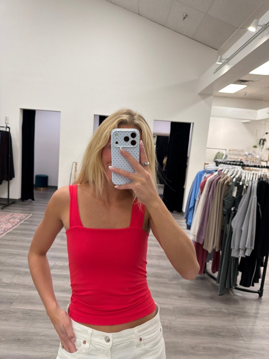 Close up of square neckline detail on Clean Line Square Tank — Three Boutique