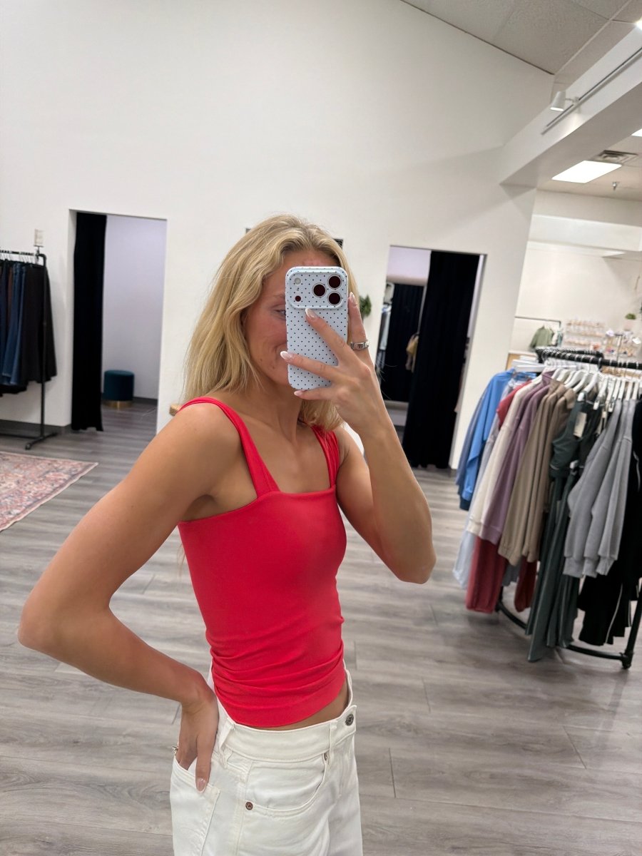 Side view of model wearing Clean Line Square Tank — Three Boutique