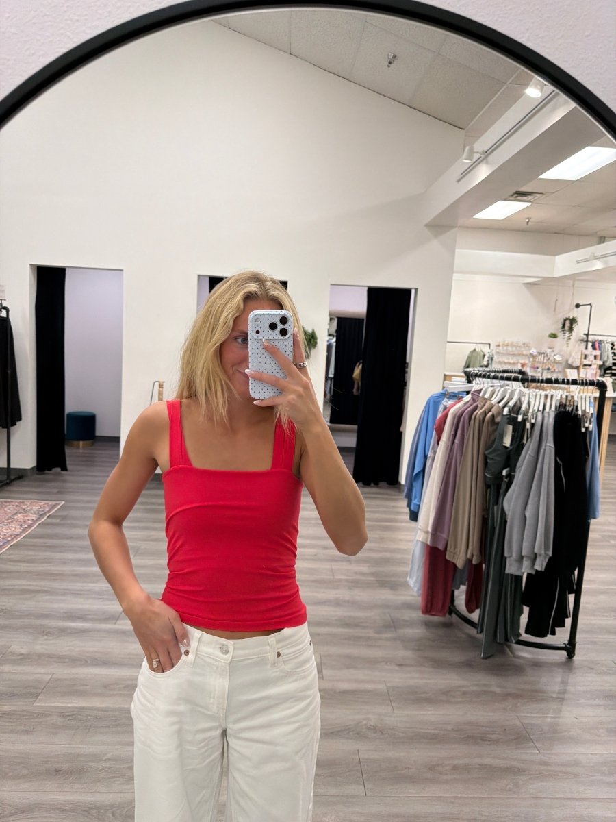 Front view of model wearing Clean Line Square Tank with square neckline — Three Boutique