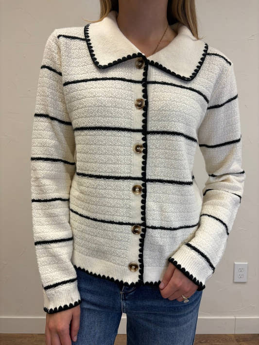 Collared Button Down Stripe Sweater Cardigan - Three:Twelve Boutique - SundayEdition