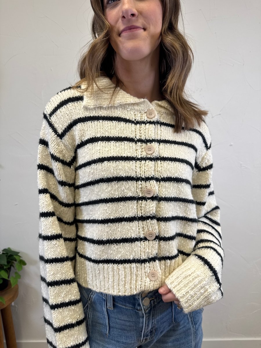 Collared Button Up Striped Cardigan - Three:Twelve Boutique - zenana