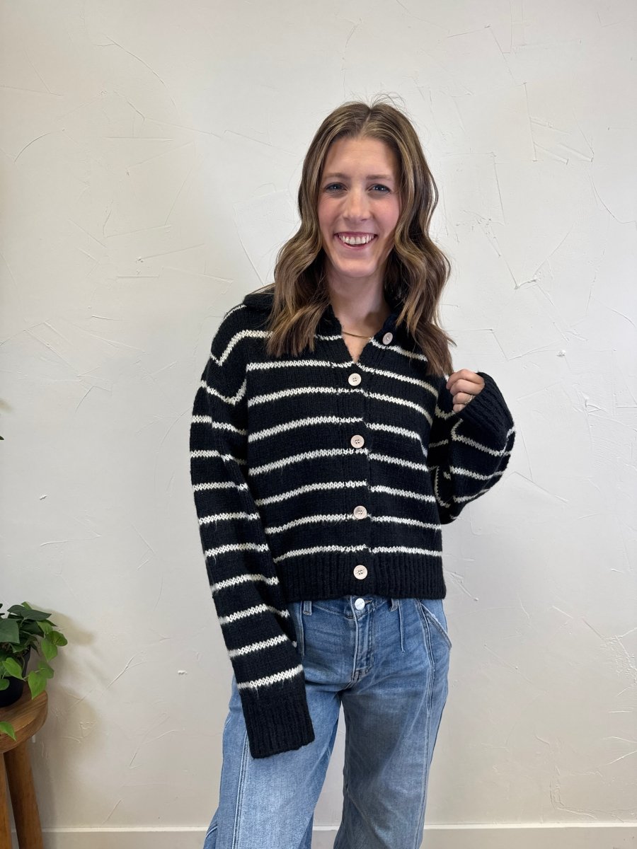Collared Button Up Striped Cardigan - Three:Twelve Boutique - zenana