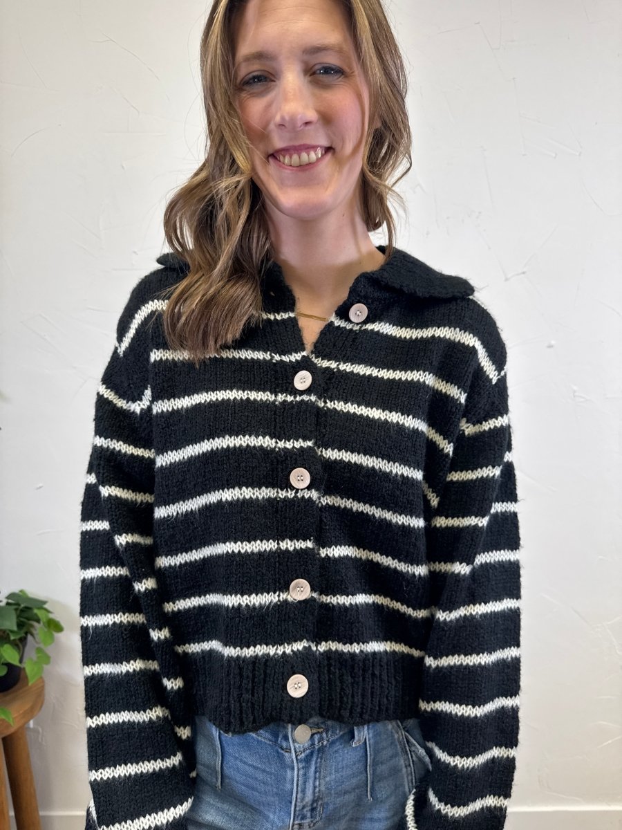 Collared Button Up Striped Cardigan - Three:Twelve Boutique - zenana