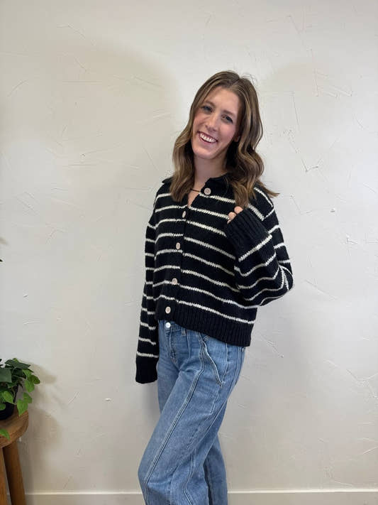 Collared Button Up Striped Cardigan - Three:Twelve Boutique - zenana