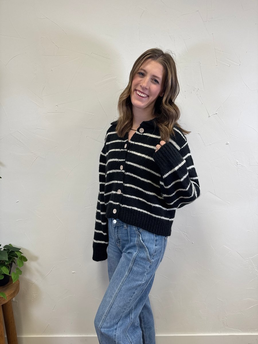 Collared Button Up Striped Cardigan - Three:Twelve Boutique - zenana