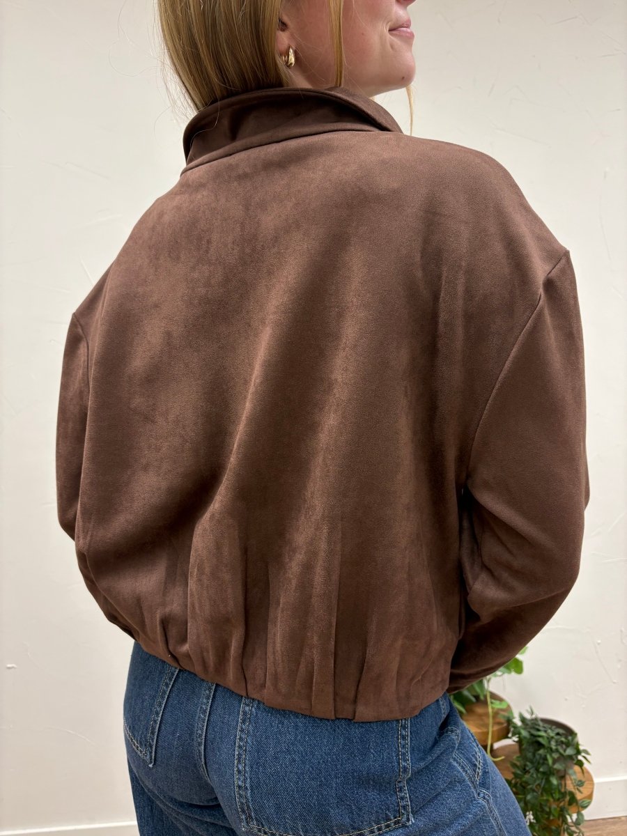 Collared Faux Suede Zip Up Jacket - Three:Twelve Boutique - she+sky