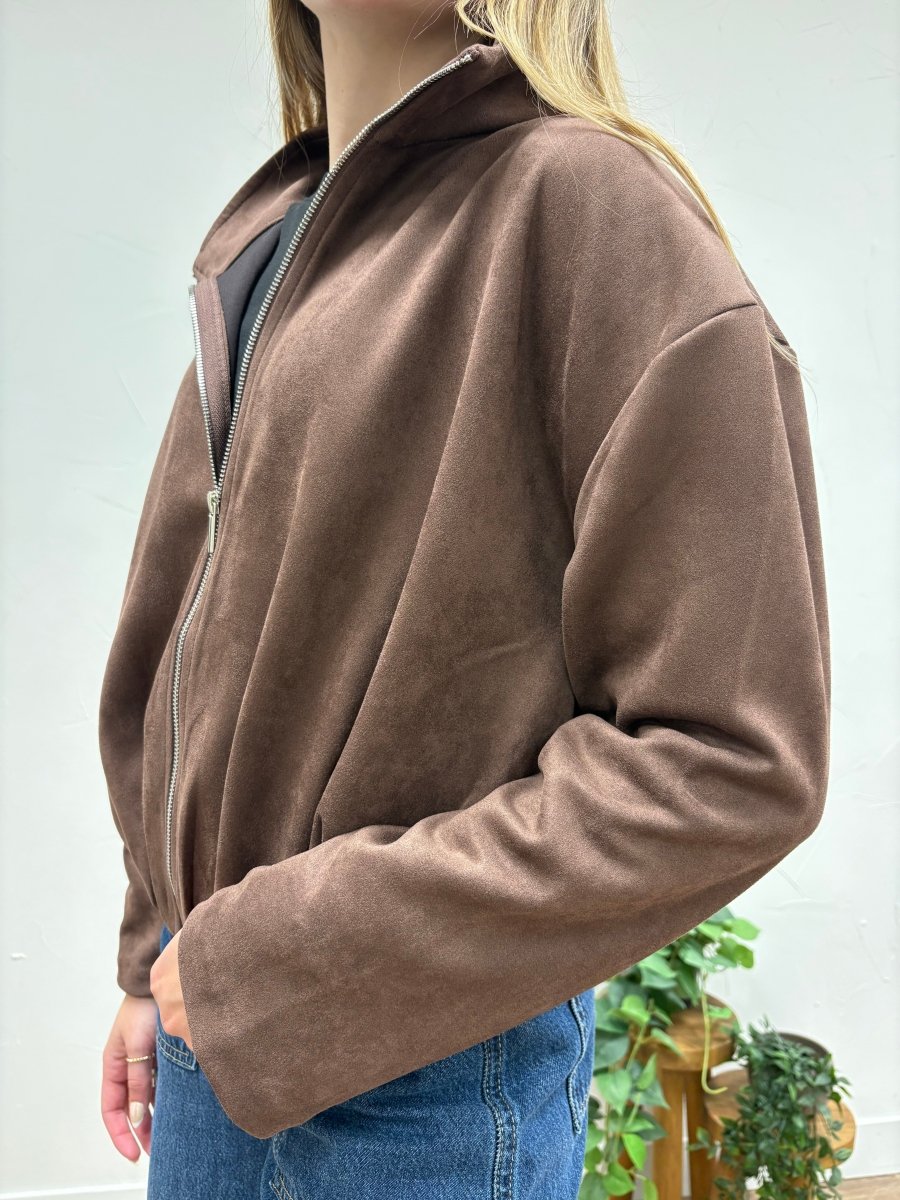 Collared Faux Suede Zip Up Jacket - Three:Twelve Boutique - she+sky