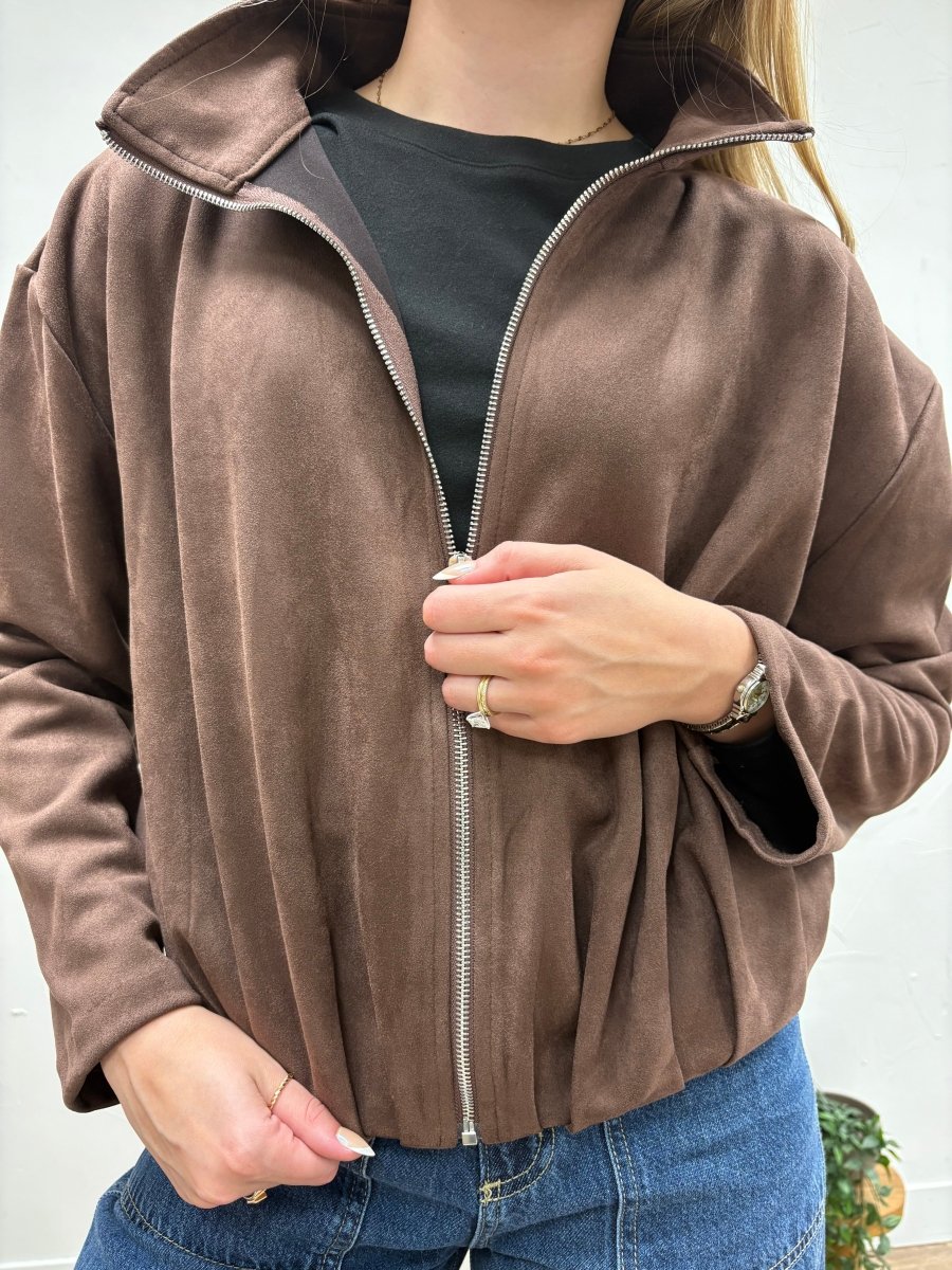 Collared Faux Suede Zip Up Jacket - Three:Twelve Boutique - she+sky