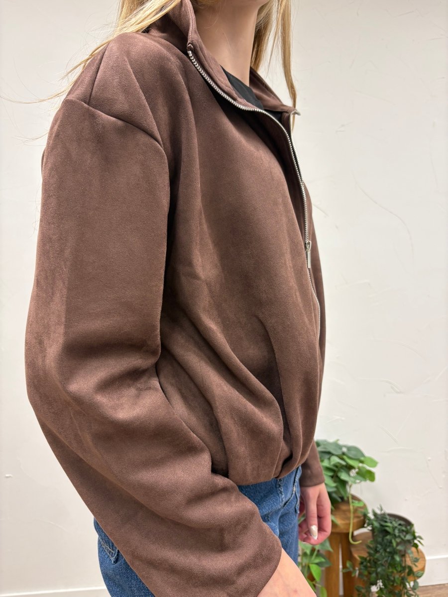 Collared Faux Suede Zip Up Jacket - Three:Twelve Boutique - she+sky