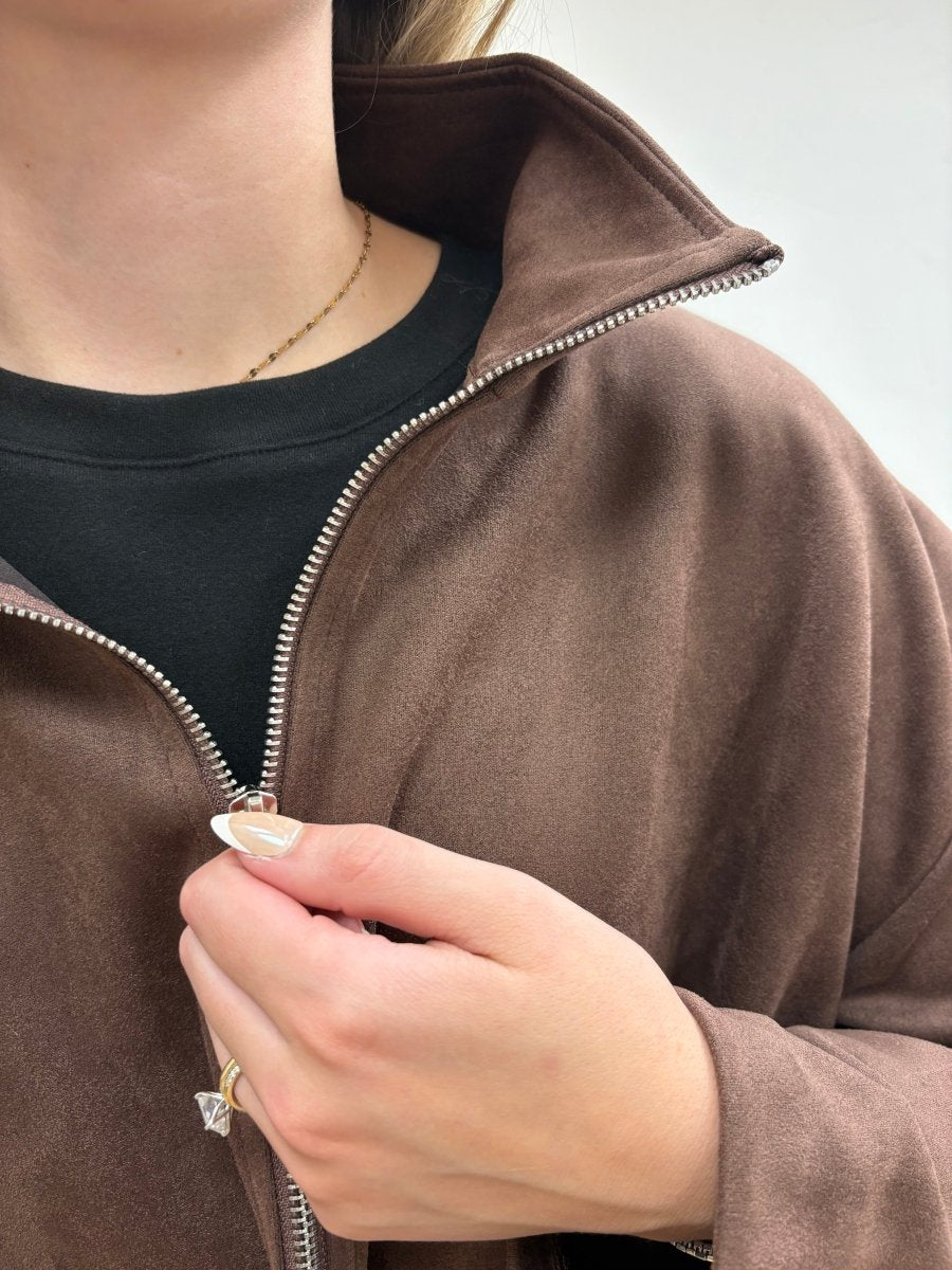 Collared Faux Suede Zip Up Jacket - Three:Twelve Boutique - she+sky