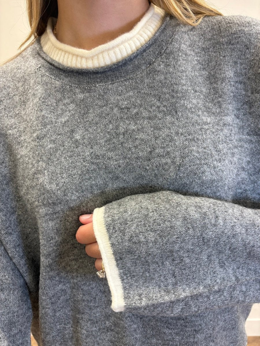 contrast rolled edge crewneck pullover - Three:Twelve Boutique - Blu Pepper