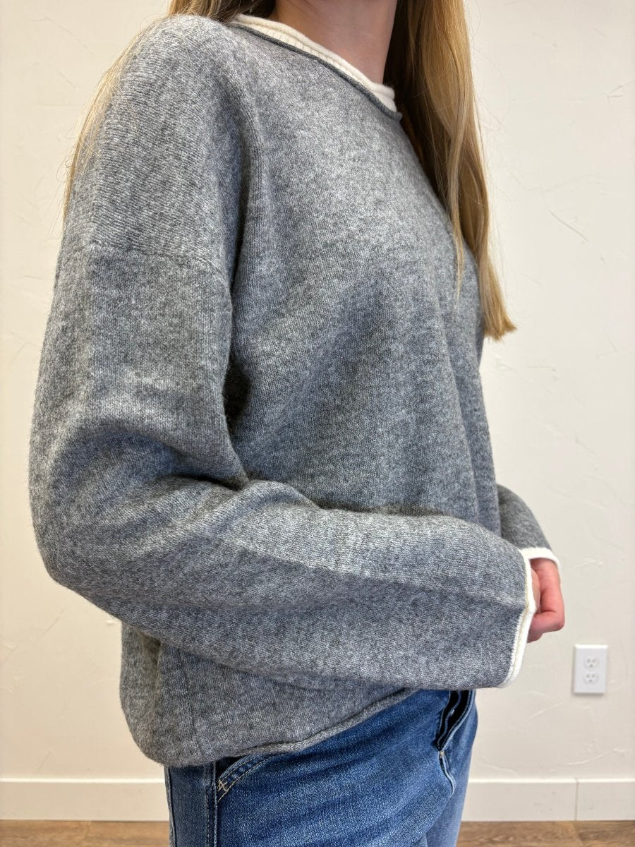 contrast rolled edge crewneck pullover - Three:Twelve Boutique - Blu Pepper