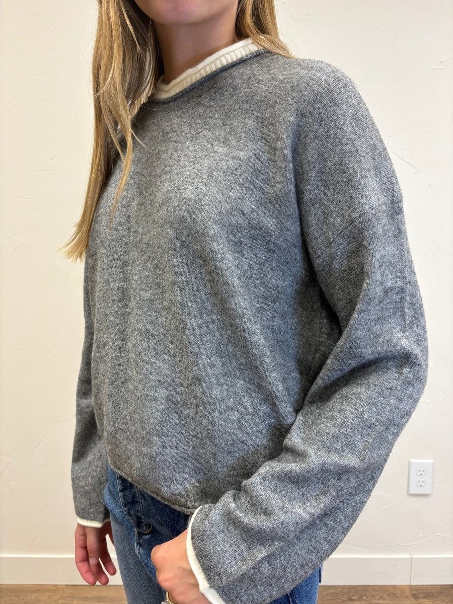 contrast rolled edge crewneck pullover - Three:Twelve Boutique - Blu Pepper