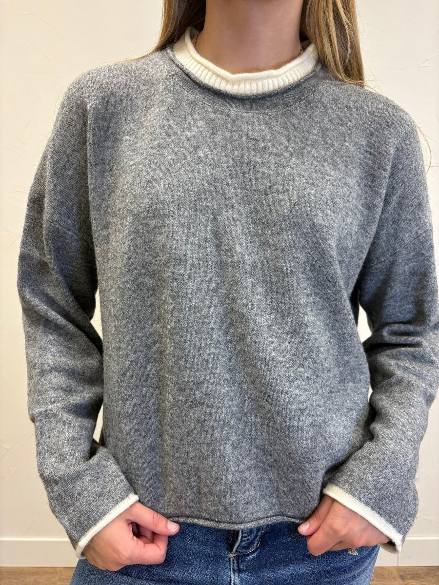 contrast rolled edge crewneck pullover - Three:Twelve Boutique - Blu Pepper