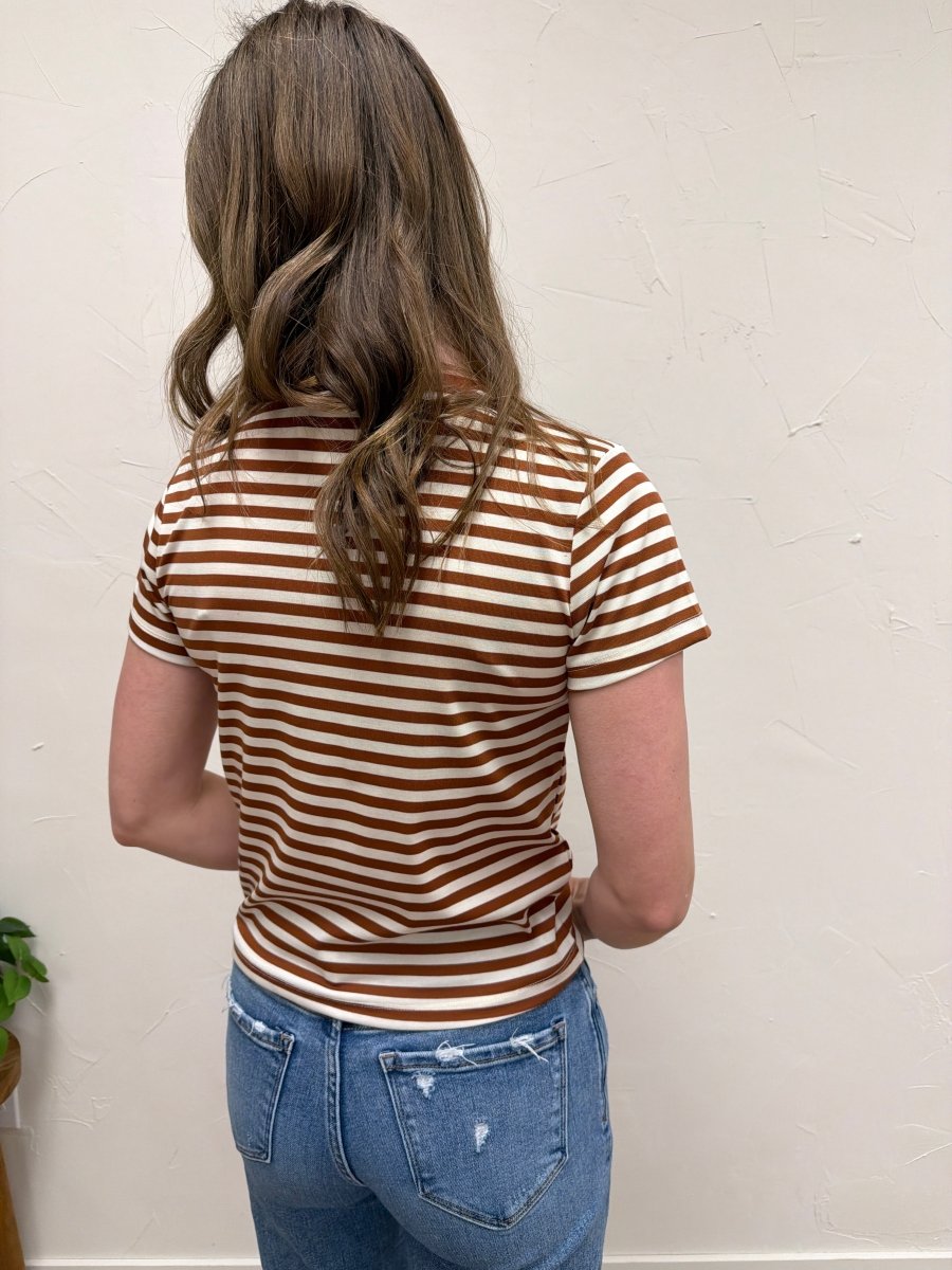 Back view of model wearing Contrast Striped Knit Tee showing clean, simple design — Three:Twelve Boutique