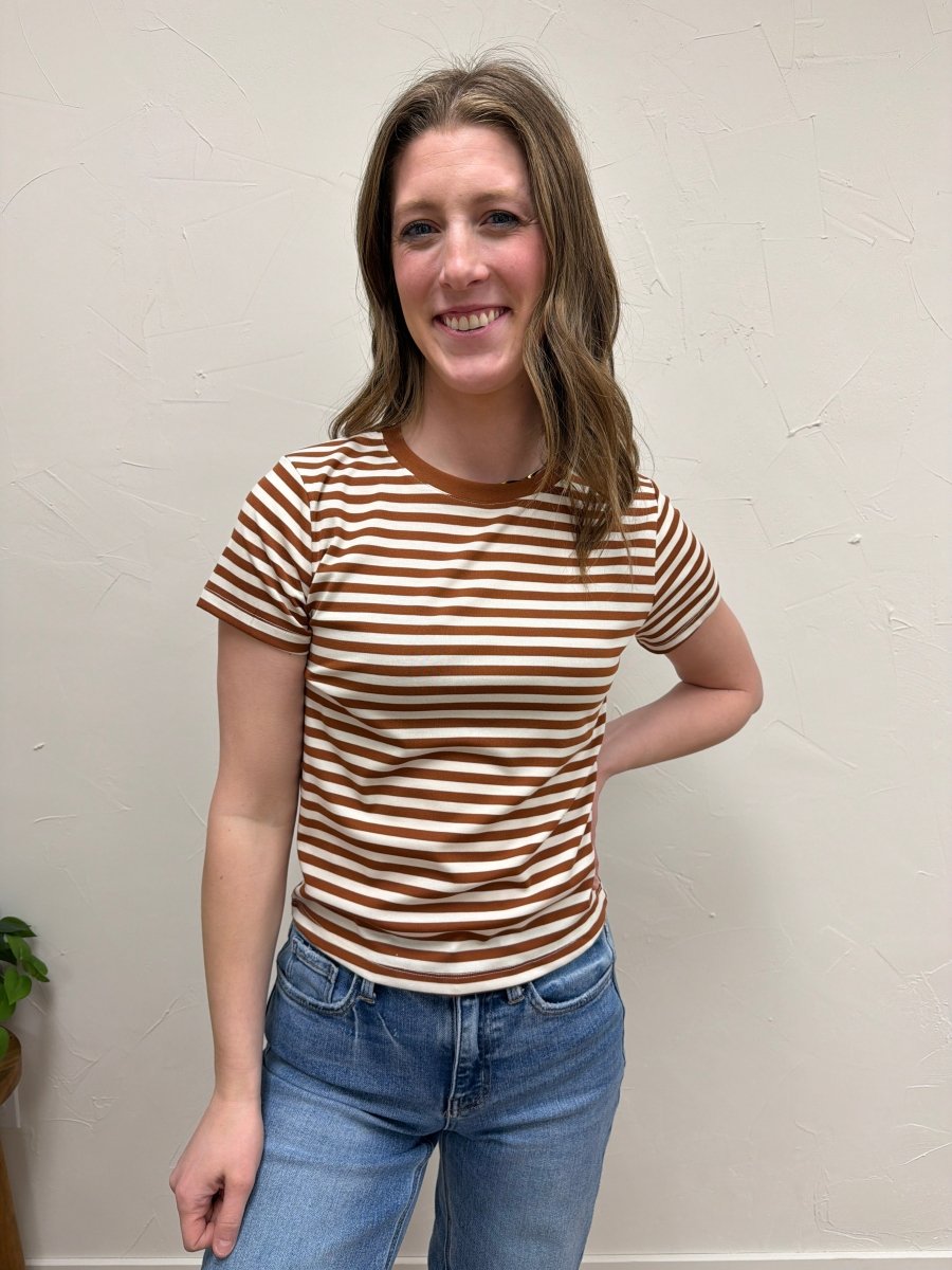 Lifestyle shot of model wearing Contrast Striped Knit Tee paired with casual outfit — Three:Twelve Boutique