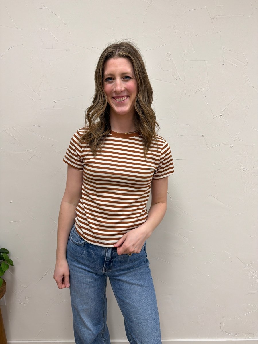 Lifestyle shot of model wearing Contrast Striped Knit Tee paired with casual outfit — Three:Twelve Boutique