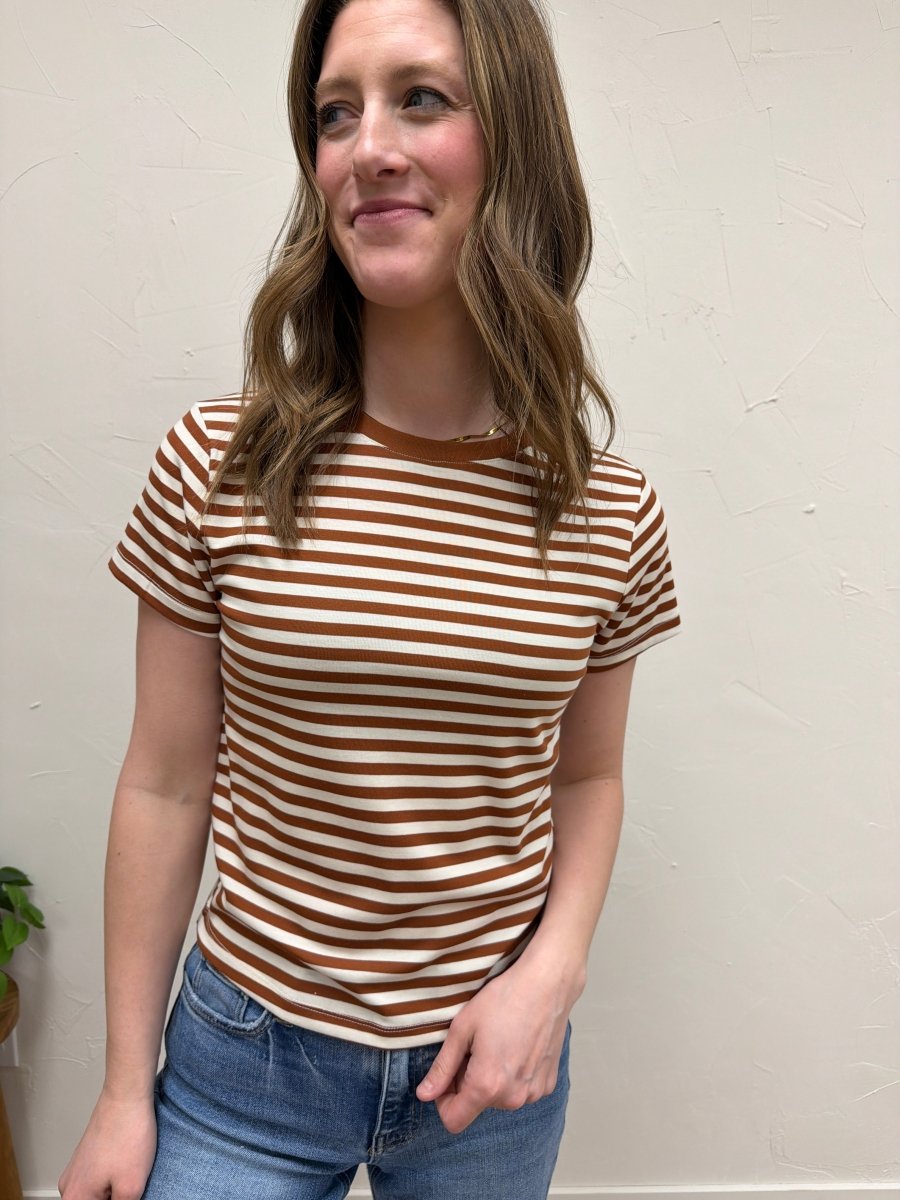 Lifestyle shot of model wearing Contrast Striped Knit Tee paired with casual outfit — Three:Twelve Boutique